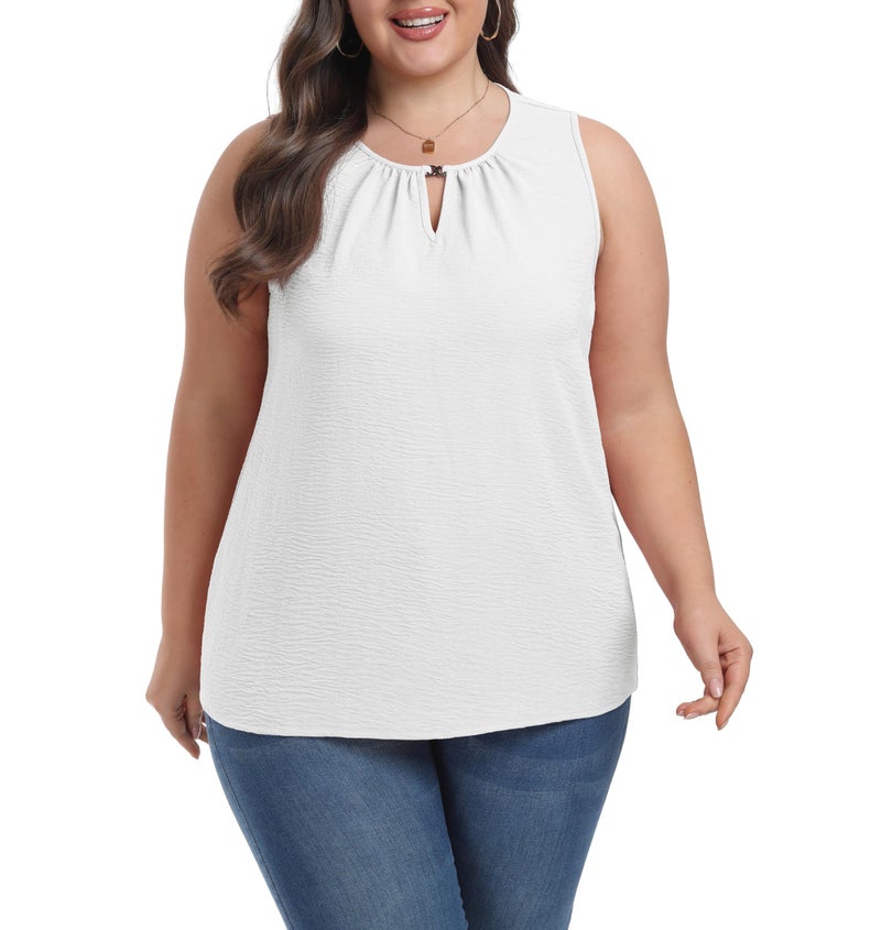 OLRIK Womens Plus Size Tank Top Loose Fit Sleeveless Blouse Summer White-2X - Image 3