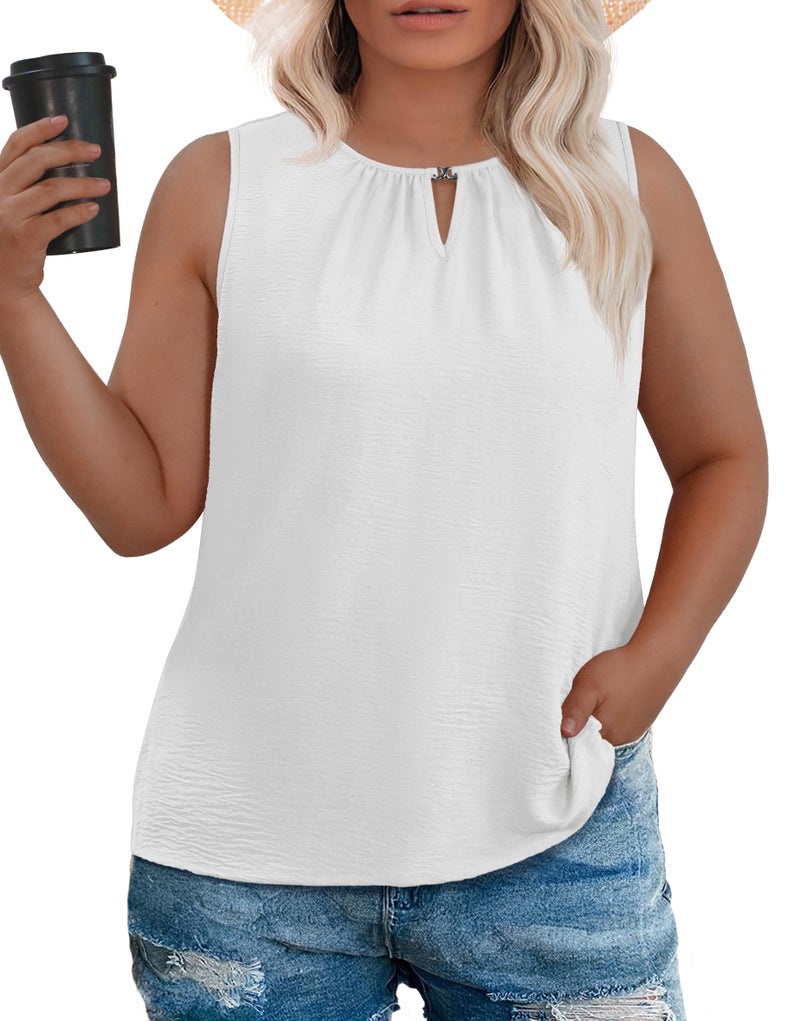 OLRIK Womens Plus Size Tank Top Loose Fit Sleeveless Blouse Summer White-2X - Image 1