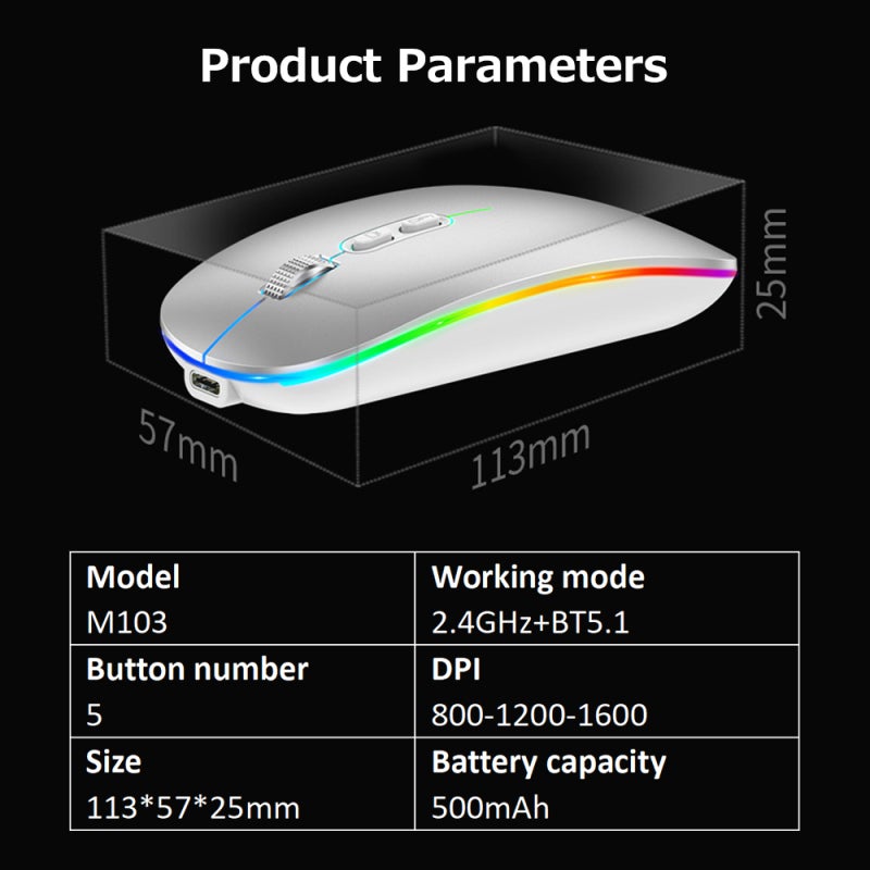 Wireless Mouse: Silver Dual-Mode 2.4G+BT5.1 - 15m Transmission Distance Ergonomic Gaming Mouse for Home Office Entertainment - Image 3