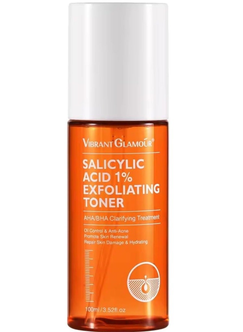 Vibrant Glamour 100 مل من حمض الساليسيليك 1% تونر مقشر للبشرة مقشر سائل للوجه يحتوي على 1% من حمض بيتا هيدروكسي وحمض ألفا هيدروكسي للتحكم في الزيوت ومكافحة حب الشباب وتجديد البشرة وإصلاح البشرة التالفة ومصل ترطيب الوجه - Image 1