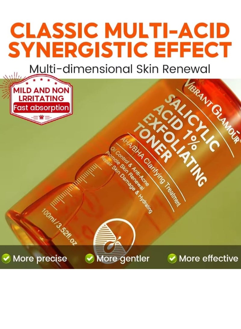 Vibrant Glamour 100 مل من حمض الساليسيليك 1% تونر مقشر للبشرة مقشر سائل للوجه يحتوي على 1% من حمض بيتا هيدروكسي وحمض ألفا هيدروكسي للتحكم في الزيوت ومكافحة حب الشباب وتجديد البشرة وإصلاح البشرة التالفة ومصل ترطيب الوجه - Image 2