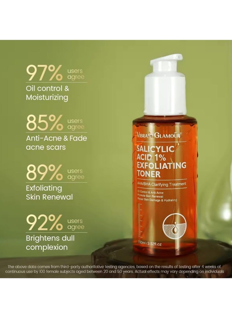 Vibrant Glamour 100 مل من حمض الساليسيليك 1% تونر مقشر للبشرة مقشر سائل للوجه يحتوي على 1% من حمض بيتا هيدروكسي وحمض ألفا هيدروكسي للتحكم في الزيوت ومكافحة حب الشباب وتجديد البشرة وإصلاح البشرة التالفة ومصل ترطيب الوجه - Image 4