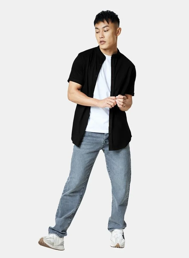 The Souled Store Men Black Mandarin Collar Knit Shirt