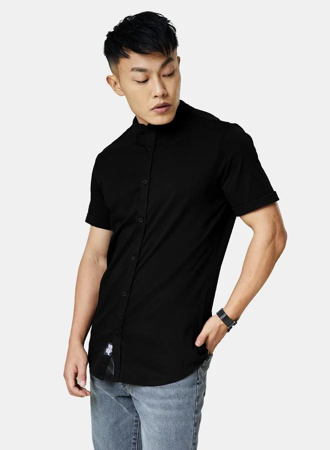 The Souled Store Men Black Mandarin Collar Knit Shirt