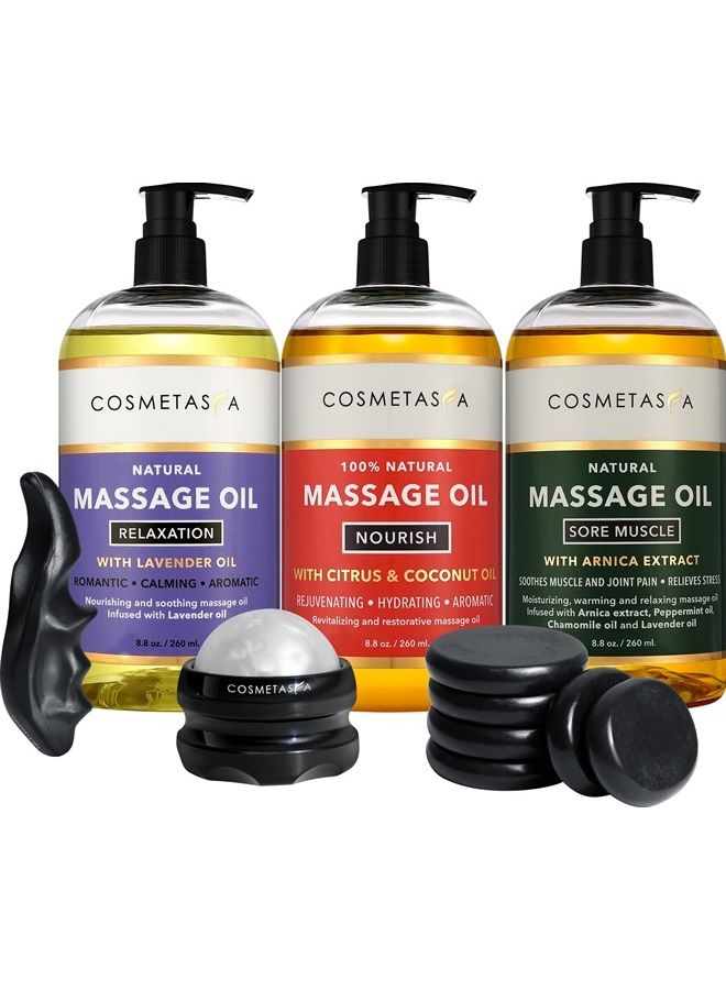 Cosmetasa Luxury Spa Treatment Gift Set- Relaxation, Nourish and Sore Muscle Massage Oil with Hot Stones, Roller Ball and Thumb Saver Massage Tools - Image 1