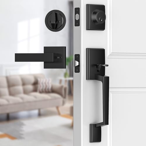 Brightify Black Front Door Handle, Matte Black Exterior Door Handle with Door Lever, Modern Front Door Lock Set, Adjustable Deadbolt with Single Cylinder, Reversible for Right&Left - Image 1