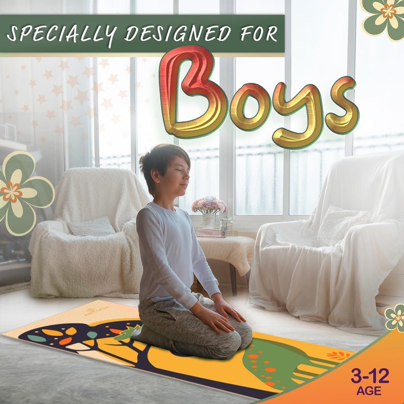 ABTECH Kids Yoga Mat Set - Comfortable Dinosaur Kid Yoga Mat Boy with 12 Yoga Cards, Storage Bag, Beige Play Mat Thick for Gymnastics Mat, Exercise Mat, No-Toxic and Non-Slip for Ages 3-12 - Image 3