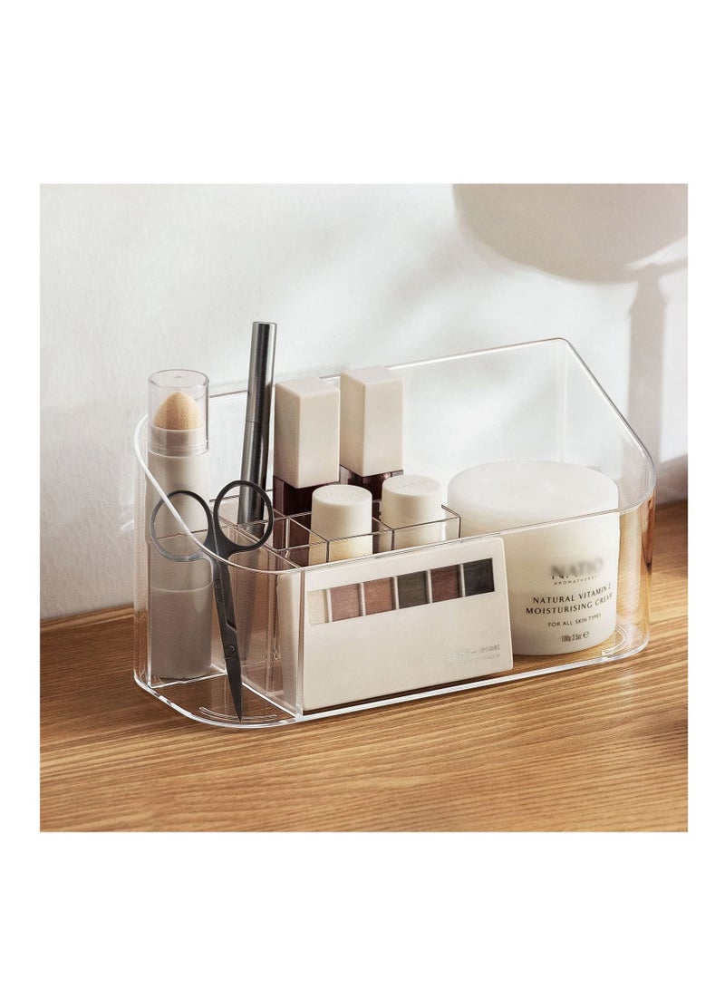 SYOSI Small Makeup Organizer, Slim Cosmetic Display Case,Multifunctional Desktop Stationery Storage Tray,Clear Acrylic Skincare Organizers for Bathroom Countertop/Medicine Cabinet/Vanity - Image 1