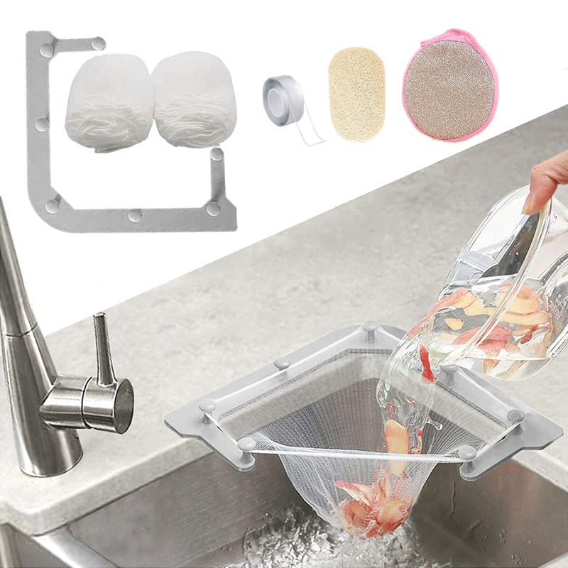 HiBD Kitchen Sink Triangle Tri-Holder Filter, Kitchen Sink Strainer, Sink Drain Strainer, with a Triangular Gray Rack and 100PCS Large Size Filtering Mesh Bags for Kitchen Leftover - Image 1