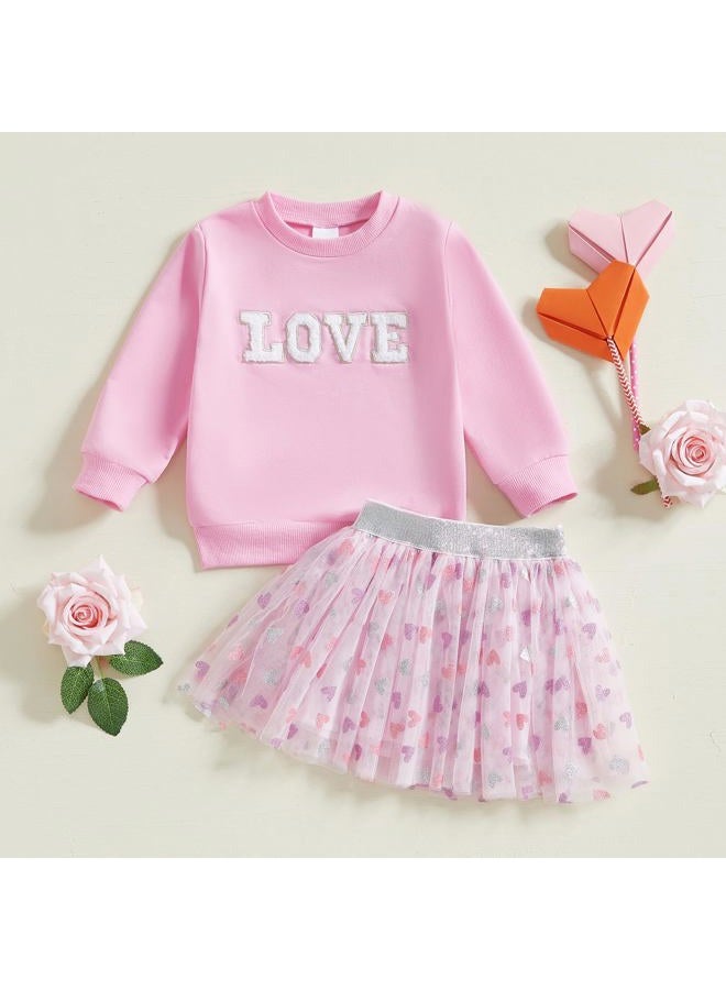 LAGKIYOJ Toddler Girls Valentine's Day Outfits Long Sleeve Letter Print/Embroidery Sweatshirt+Tulle Skirt Set Baby Clothes, Red Love, 12-18 Months - Image 2