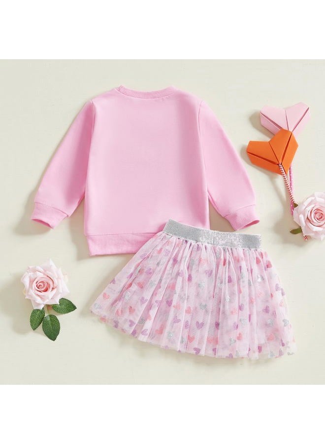 LAGKIYOJ Toddler Girls Valentine's Day Outfits Long Sleeve Letter Print/Embroidery Sweatshirt+Tulle Skirt Set Baby Clothes, Red Love, 12-18 Months - Image 3