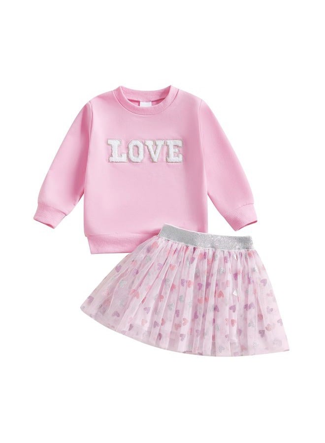 LAGKIYOJ Toddler Girls Valentine's Day Outfits Long Sleeve Letter Print/Embroidery Sweatshirt+Tulle Skirt Set Baby Clothes, Red Love, 12-18 Months - Image 1