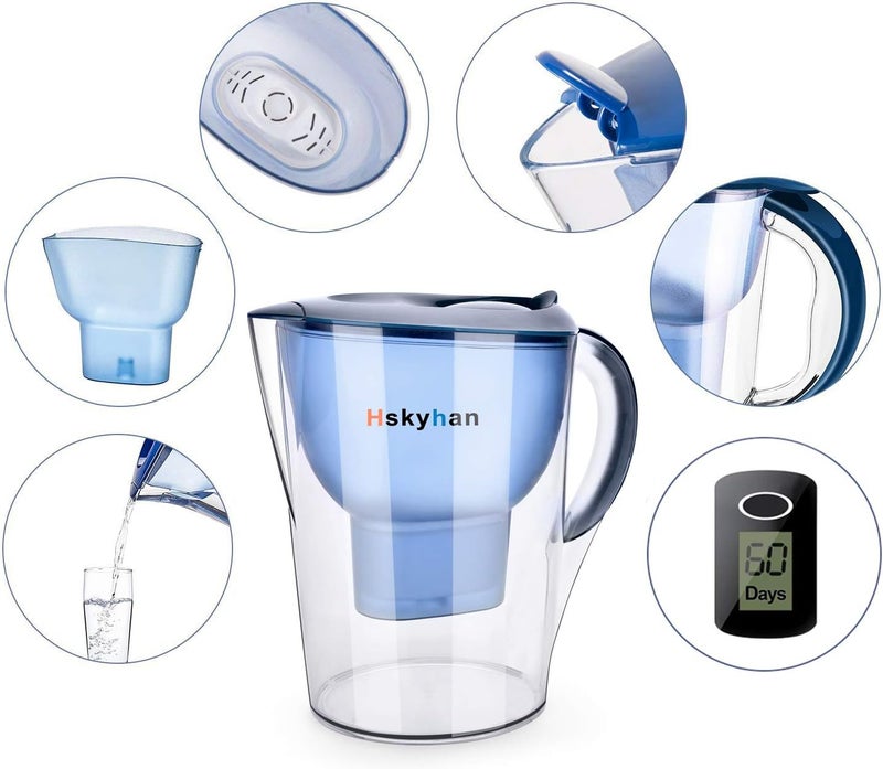 Hskyhan Alkaline Water Filter Pitcher - 3.5 Liters Improve PH, 2 Filters Included, BPA Free, 7 Stage Filteration System to Purify, Blue - Image 2