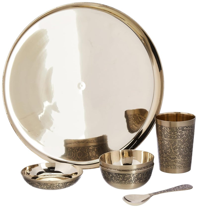Attro Satvik Kansa Bhojan Set 6Pcs Dinner Set 1 Thali 2 Bowl 1 Small Plate 1 Glass 1 Spoon Perfect Satvik Lifestyle Side Carving Shiney Finish - Image 1