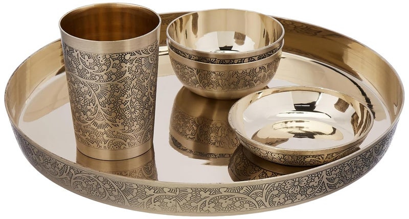 Attro Satvik Kansa Bhojan Set 6Pcs Dinner Set 1 Thali 2 Bowl 1 Small Plate 1 Glass 1 Spoon Perfect Satvik Lifestyle Side Carving Shiney Finish - Image 2