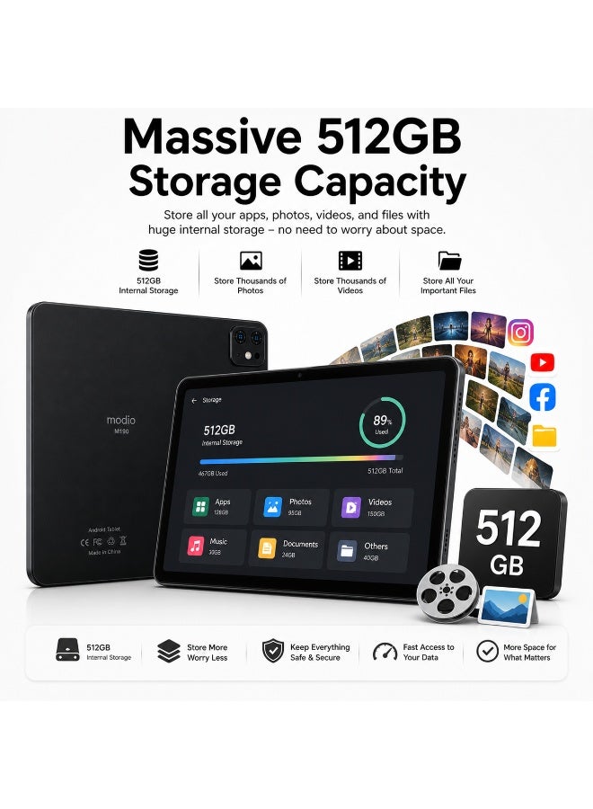 Modio TAB M190 9-Inch Tablet PC, 12GB RAM + 512GB ROM, Android 13, Dual SIM, 5000mAh Battery, 16MP Camera, WiFi, Complete Accessories – Black - Image 4