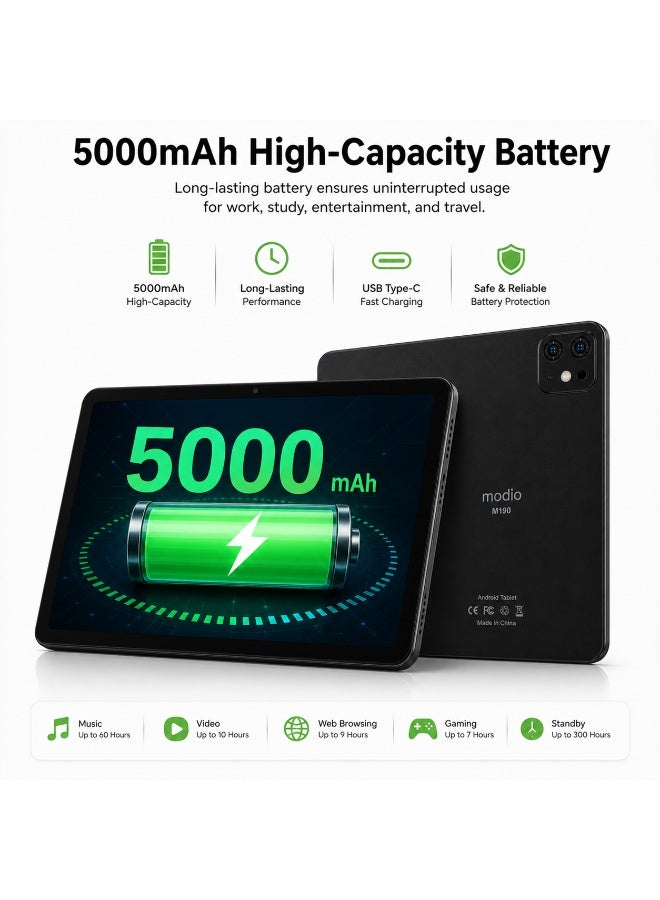 Modio TAB M190 9-Inch Tablet PC, 12GB RAM + 512GB ROM, Android 13, Dual SIM, 5000mAh Battery, 16MP Camera, WiFi, Complete Accessories – Black - Image 5