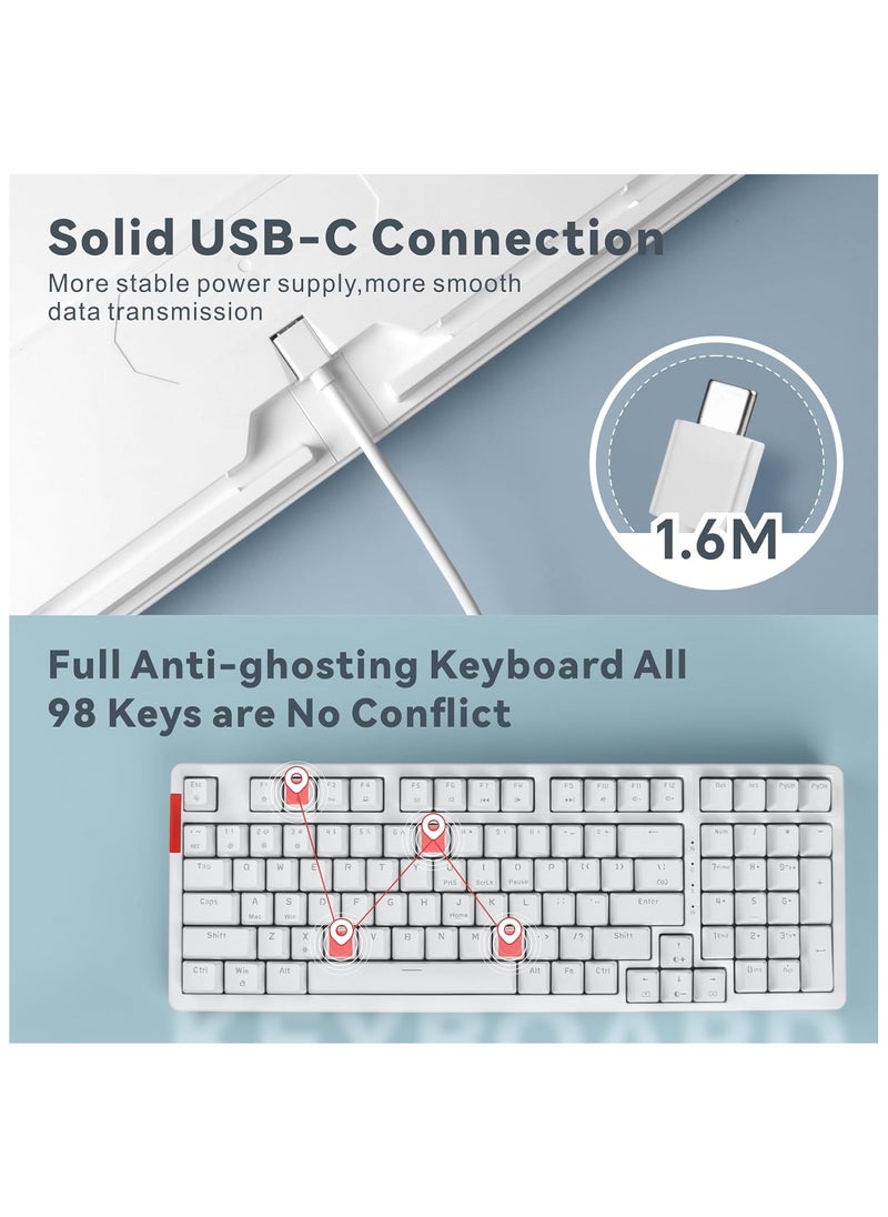 Mechanical Gaming Keyboard, 98 Keys Anti-Ghosting Wired Keyboard with Numeric Pad，Red Switches and RGB Backlit for iOS, Android and Windows, White [Detachable Cable] [ Adjustable Kickstand]