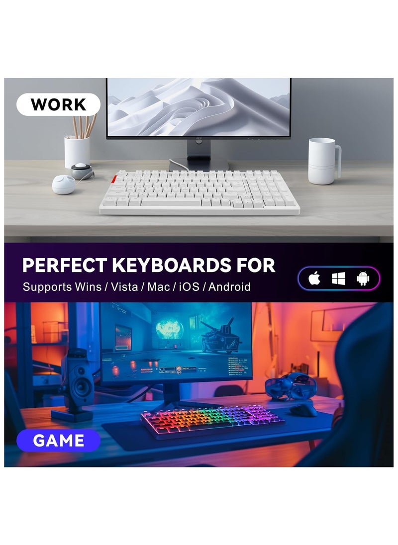 Mechanical Gaming Keyboard, 98 Keys Anti-Ghosting Wired Keyboard with Numeric Pad，Red Switches and RGB Backlit for iOS, Android and Windows, White [Detachable Cable] [ Adjustable Kickstand]