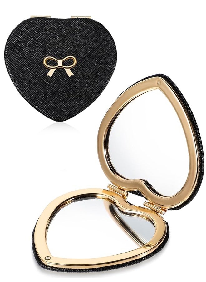 Compact Mirror, Heart Shaped Pocket Mirror Mini Portable Folding Mirror Small Double-Sided 1X/2X Magnifying Mirror Black Travel Makeup Mirror for Women Girls - Image 1