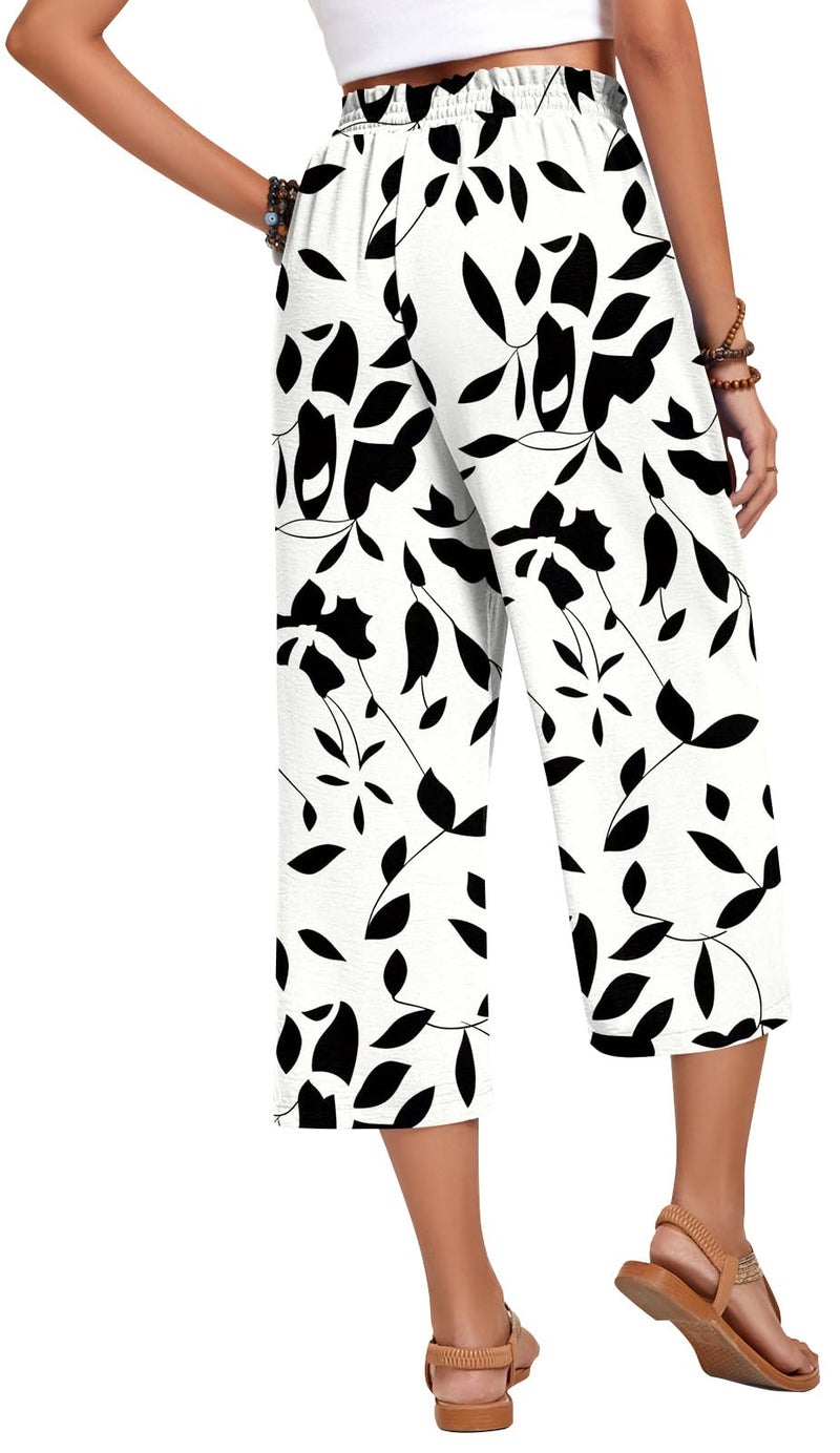Anyhold Womens Capri Pants Loose High Waisted Wide Leg Lounge Pants Drawstring Casual Palazzo Trousers with Pockets Medium, Apricot-Black Leaves - Image 3