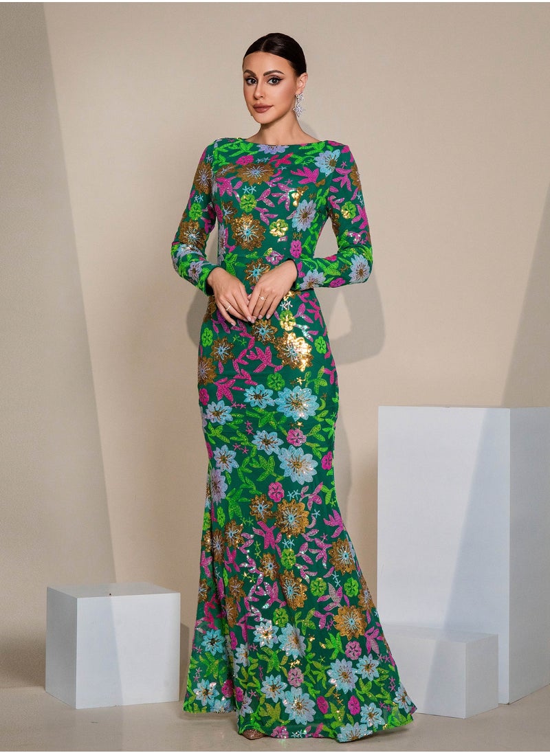 Loquat Elegant Floral Sequin Long Evening Dress with Fitted Round Neck 