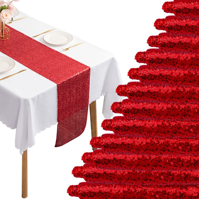 12 Packs 12 X 72 Inch Red Sequin Table Runner Glitter Dining Table Runner for Birthday Wedding Engagement Bridal Baby Shower Bachelorette Holiday Celebration Party Supplies Decorations Red