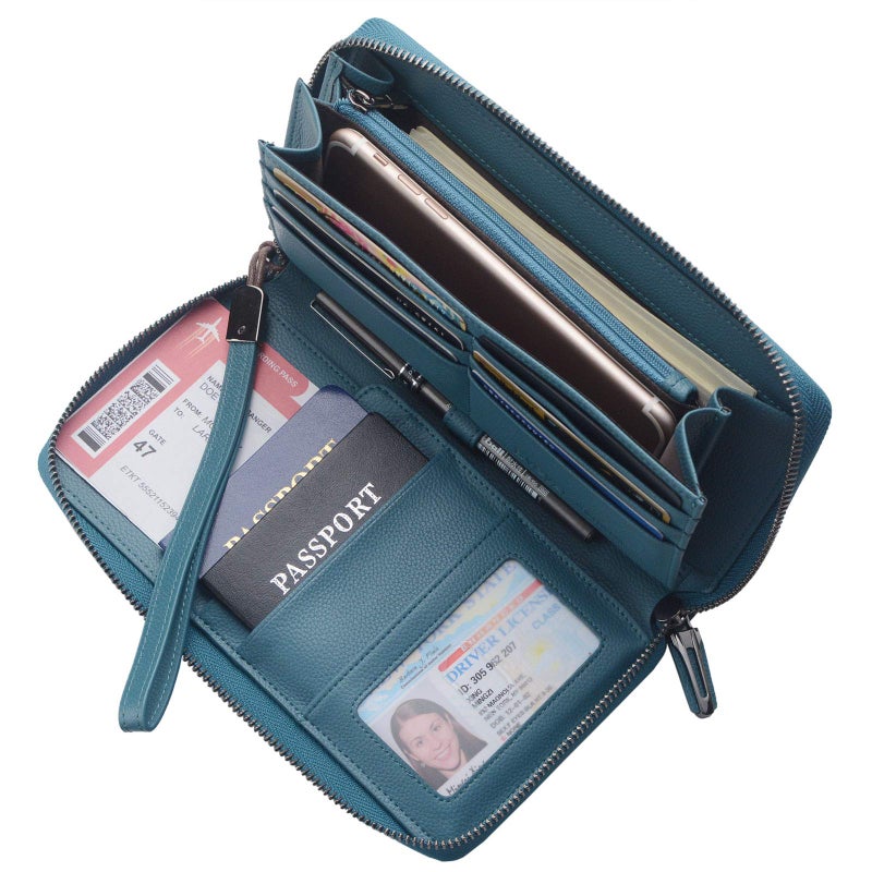 منظم وثائق السفر بطبقة حماية ضد تقنية RFID من جلد فاخر، محفظة لعدة جوازات سفر مع حامل للهوية وحزام لل wrist - Image 2