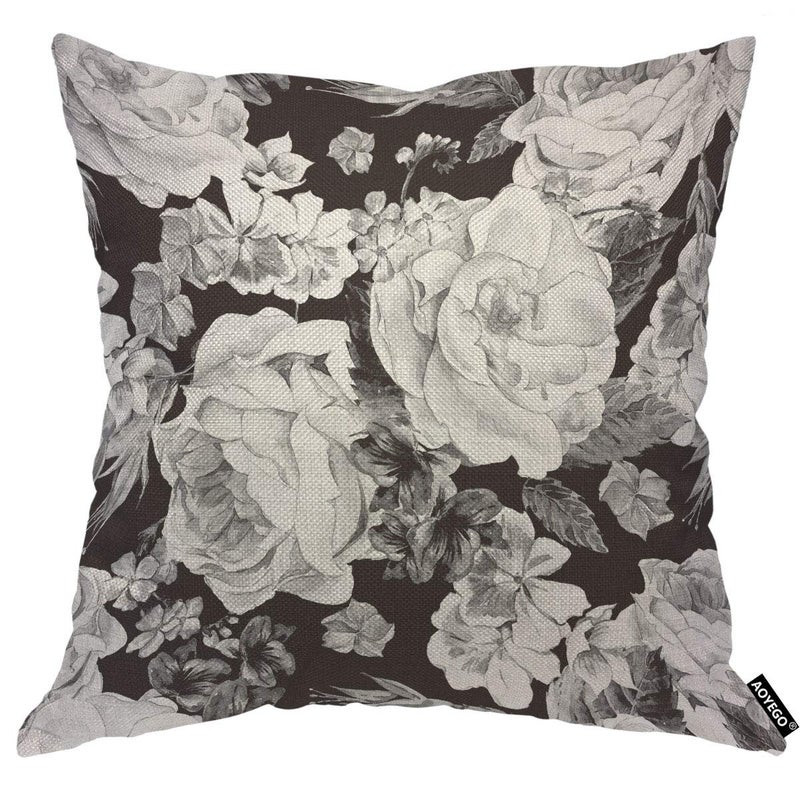 AOYEGO Black White Rose Throw Pillow Cover Floral Bouquet Botanical Plant Nature Leaves Bloom Wild Flowers Petal Daisy Pillow Case 18x18 Inch Decorative Men Women Room Cushion Cover for Home - Image 1