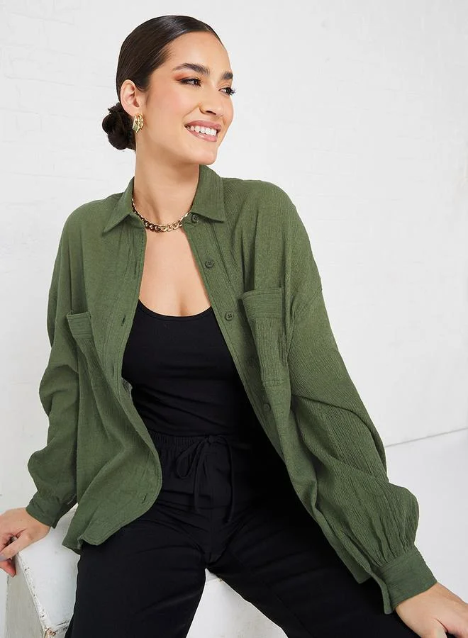 ستايلي Drop Shoulder Crepe Oversized Shirt with Patch Pocket