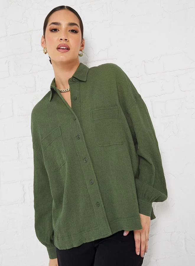 Styli Drop Shoulder Crepe Oversized Shirt with Patch Pocket