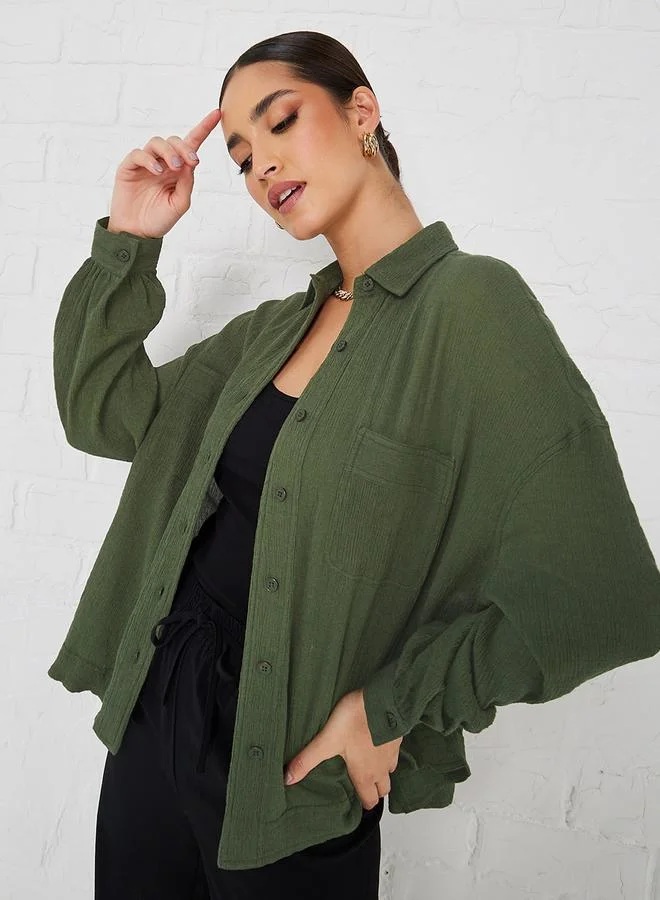Styli Drop Shoulder Crepe Oversized Shirt with Patch Pocket