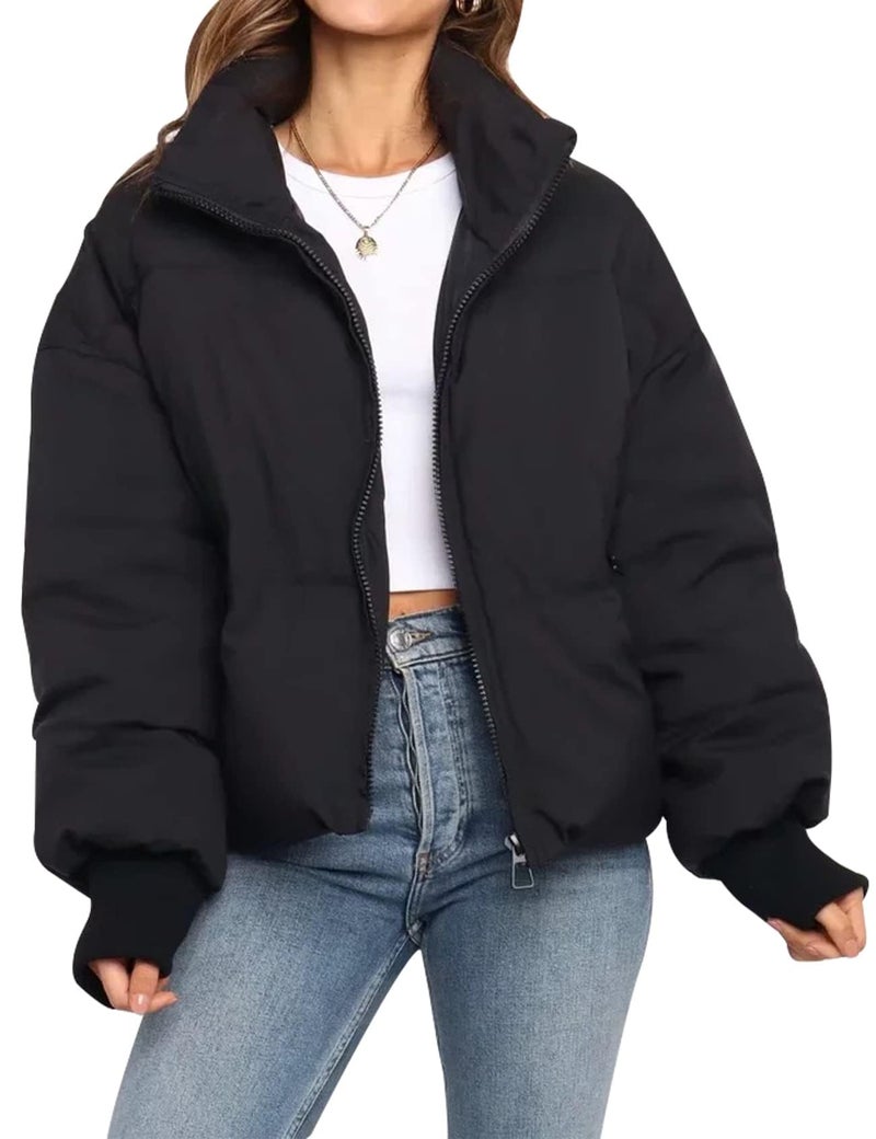 Flygo Winter Cropped Puffer Jacket Coats for Women 2025 Short Warm Quilted Jackets Outerwear with Pockets(Black-XL) - Image 1