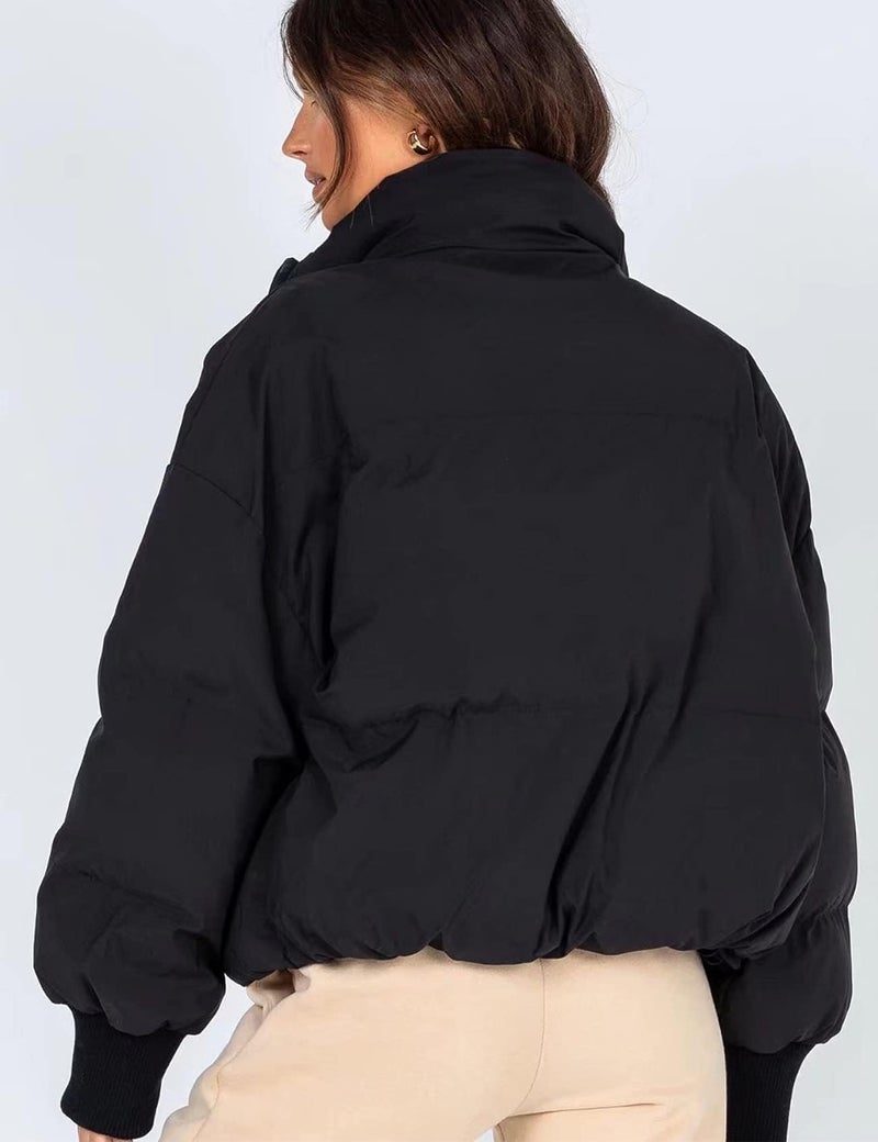 Flygo Winter Cropped Puffer Jacket Coats for Women 2025 Short Warm Quilted Jackets Outerwear with Pockets(Black-XL) - Image 5