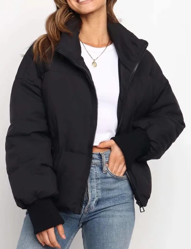 Flygo Winter Cropped Puffer Jacket Coats for Women 2025 Short Warm Quilted Jackets Outerwear with Pockets(Black-XL) - Image 2