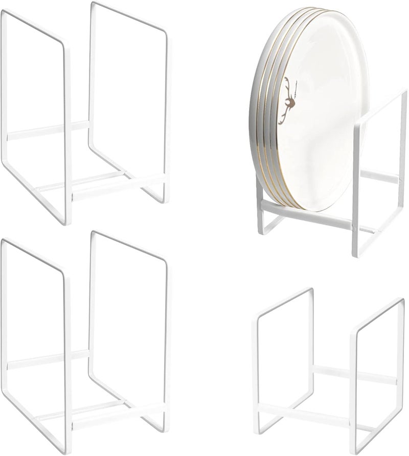 MESTUDIO Plate Holders Organizer for Kitchen Cabinet Counter Cupboard 4Pcs Metal Dish Storage Drying Display Rack Upright Stand for Storing Pans Lids Dish Trays 2 Small and 2 Large White - Image 1