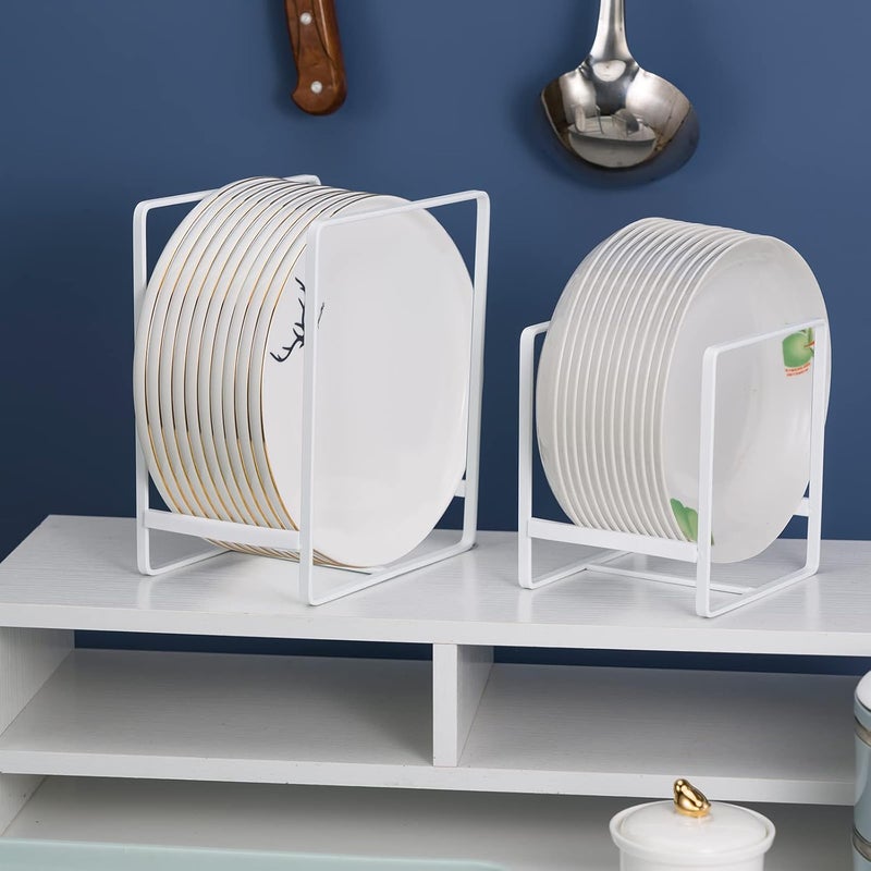 MESTUDIO Plate Holders Organizer for Kitchen Cabinet Counter Cupboard 4Pcs Metal Dish Storage Drying Display Rack Upright Stand for Storing Pans Lids Dish Trays 2 Small and 2 Large White - Image 5