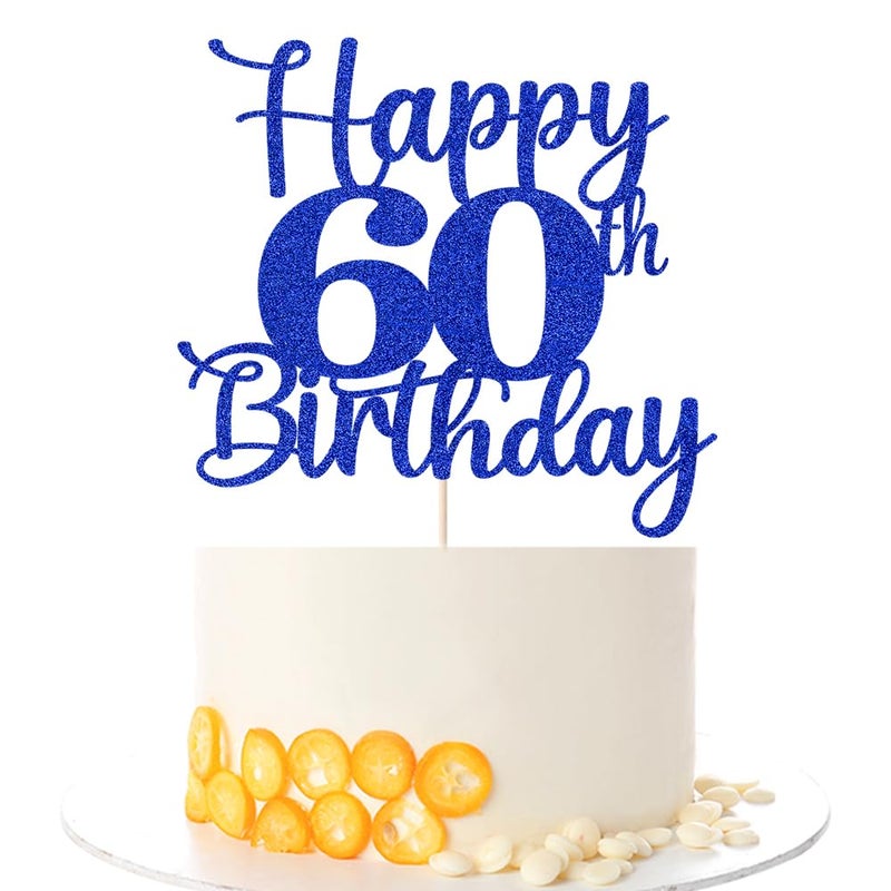 Kaoenla Glitter Happy 60th Birthday Cake Topper Hello 60 Cheers to 60 Years 60th Anniversary /60 years old birthday Party Decor (60th  blue) - Image 1