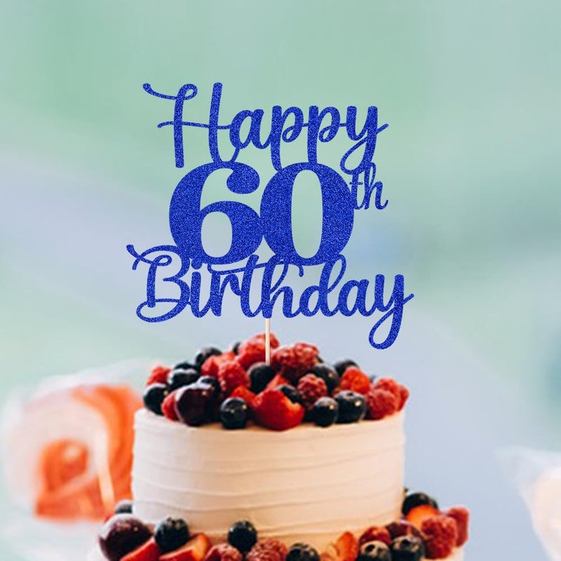 Kaoenla Glitter Happy 60th Birthday Cake Topper Hello 60 Cheers to 60 Years 60th Anniversary /60 years old birthday Party Decor (60th  blue) - Image 4