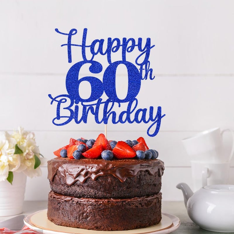 Kaoenla Glitter Happy 60th Birthday Cake Topper Hello 60 Cheers to 60 Years 60th Anniversary /60 years old birthday Party Decor (60th  blue) - Image 5