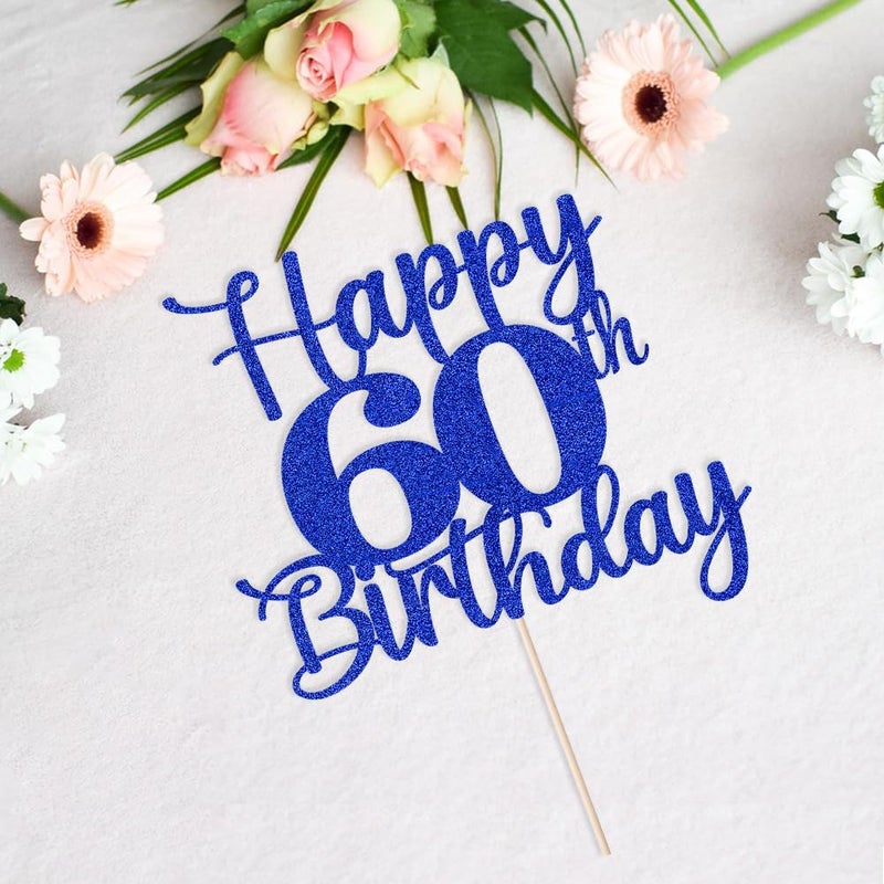 Kaoenla Glitter Happy 60th Birthday Cake Topper Hello 60 Cheers to 60 Years 60th Anniversary /60 years old birthday Party Decor (60th  blue) - Image 2