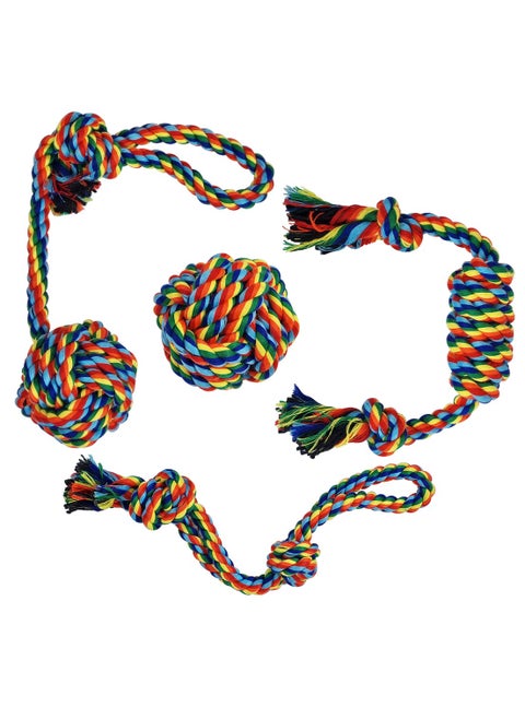Dog toy combo set, 4 design rope with 1 Pack, Loop handle rope with ball, 100% cotton rope for cleaning teeth, Oral health and Aggressive chewer, Tug of War for small to medium dog, 32cm (Multi-color)