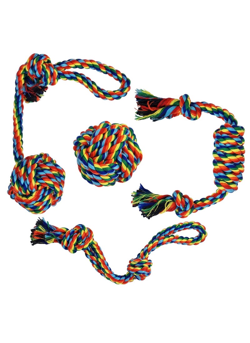 Dog toy combo set, 4 design rope with 1 Pack, Loop handle rope with ball, 100% cotton rope for cleaning teeth, Oral health and Aggressive chewer, Tug of War for small to medium dog, 32cm (Multi-color)