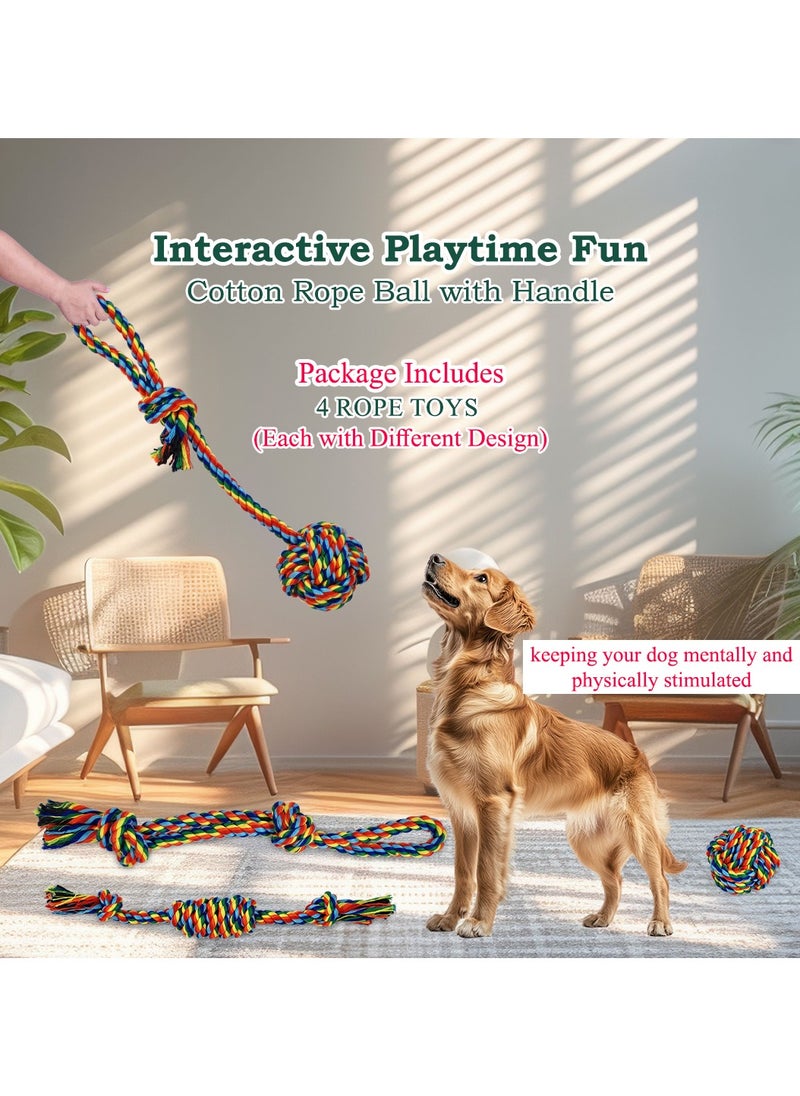 Dog toy combo set, 4 design rope with 1 Pack, Loop handle rope with ball, 100% cotton rope for cleaning teeth, Oral health and Aggressive chewer, Tug of War for small to medium dog, 32cm (Multi-color)
