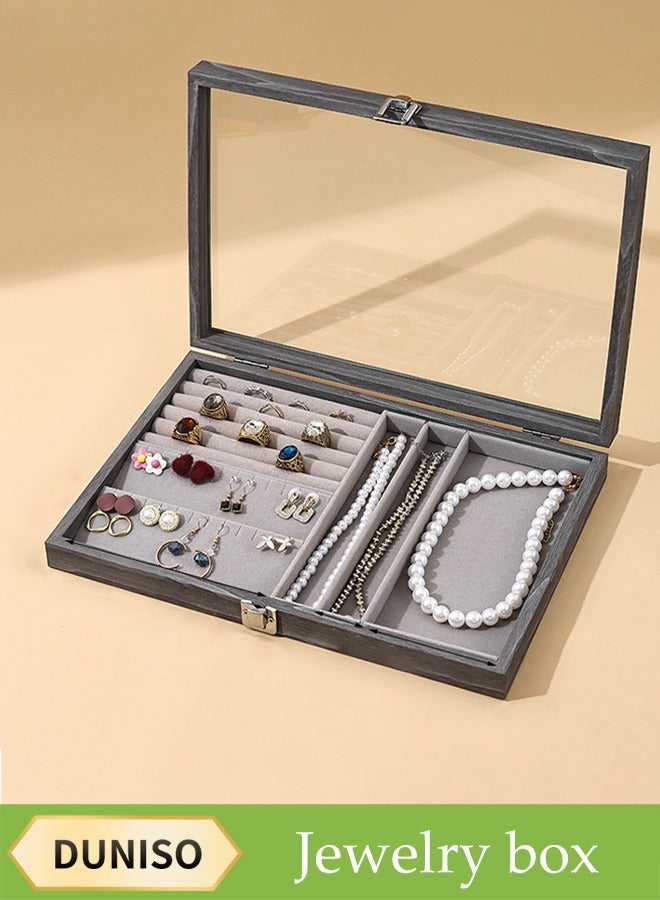 DUNISO Jewelry Tray With Dust Cover Multi-Function Jewelry Storage Box For Rings, Earrings, Studs, Necklaces, Bracelets, Watches, Etc. Jewelry Display Box - Image 1