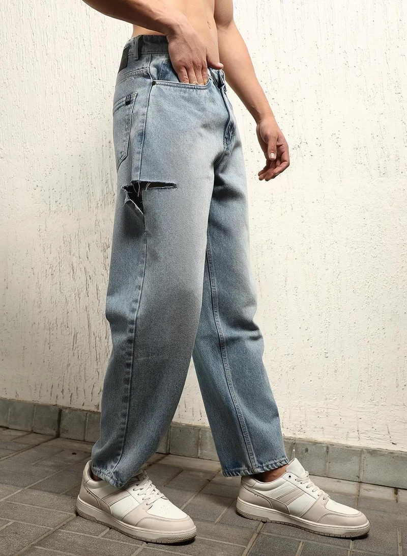 Hubberholme Men's Indigo 100% Cotton Bleached Full Length Loose Jeans