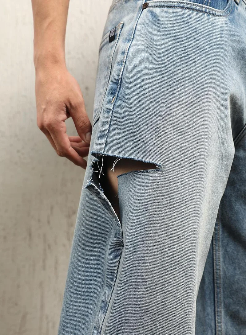 Hubberholme Men's Indigo 100% Cotton Bleached Full Length Loose Jeans