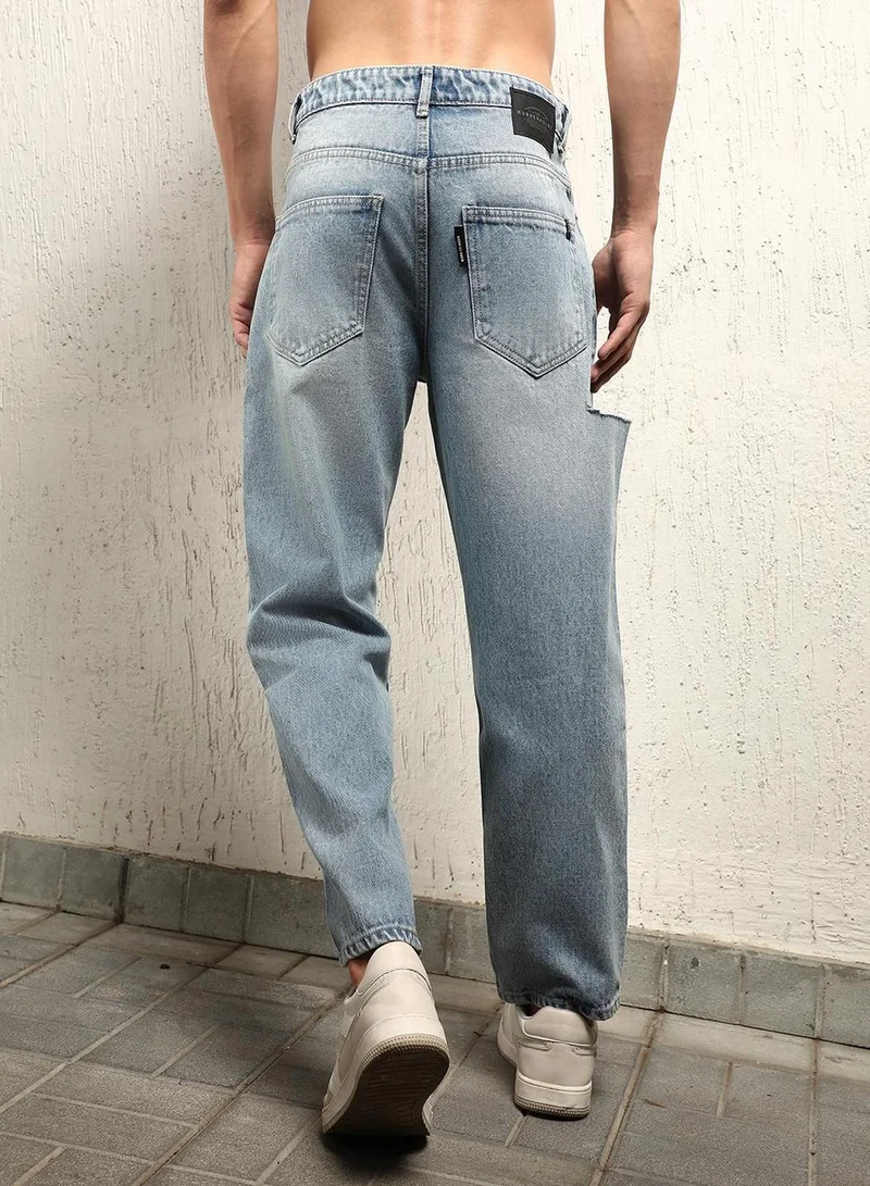 هوبرهولمي Men's Indigo 100% Cotton Bleached Full Length Loose Jeans