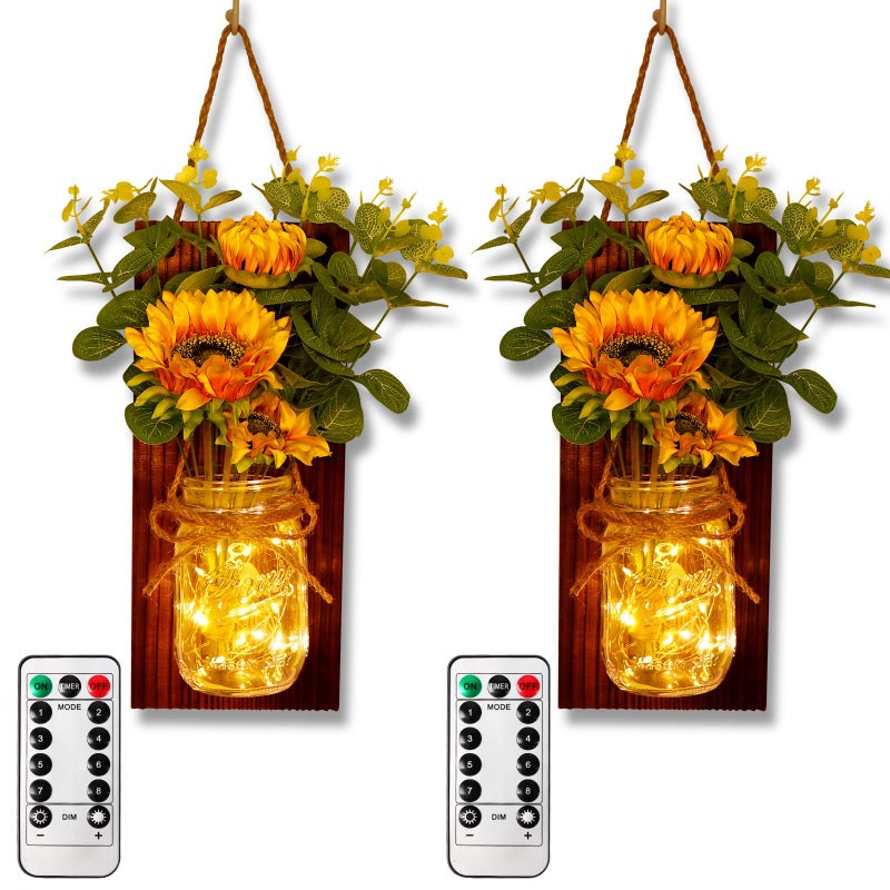 OurWarm Sunflower Wall Sconces Set of Two Mason Jar Sconces Farmhouse Wall Decor Comes with Remote Control and Warm Toned LED Lights Rustic Sunflower Decor for Home Kitchen Dining Room Living Room