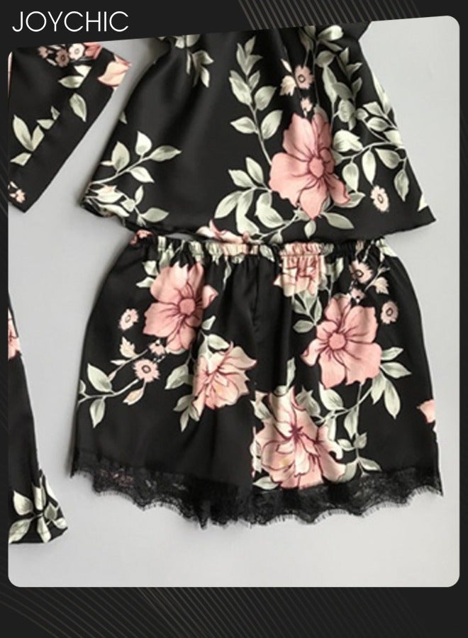 Joychic بيجامة نسائية مكونة من 3 قطع بتصميم زهور دانتيل فضفاضة ومريحة، بياقة على شكل V وأكمام ثلاثة أرباع، صديقة للبشرة، فستان نوم طويل للغرف، ملابس منزلية لجميع الفصول، باللون الأسود - Image 4